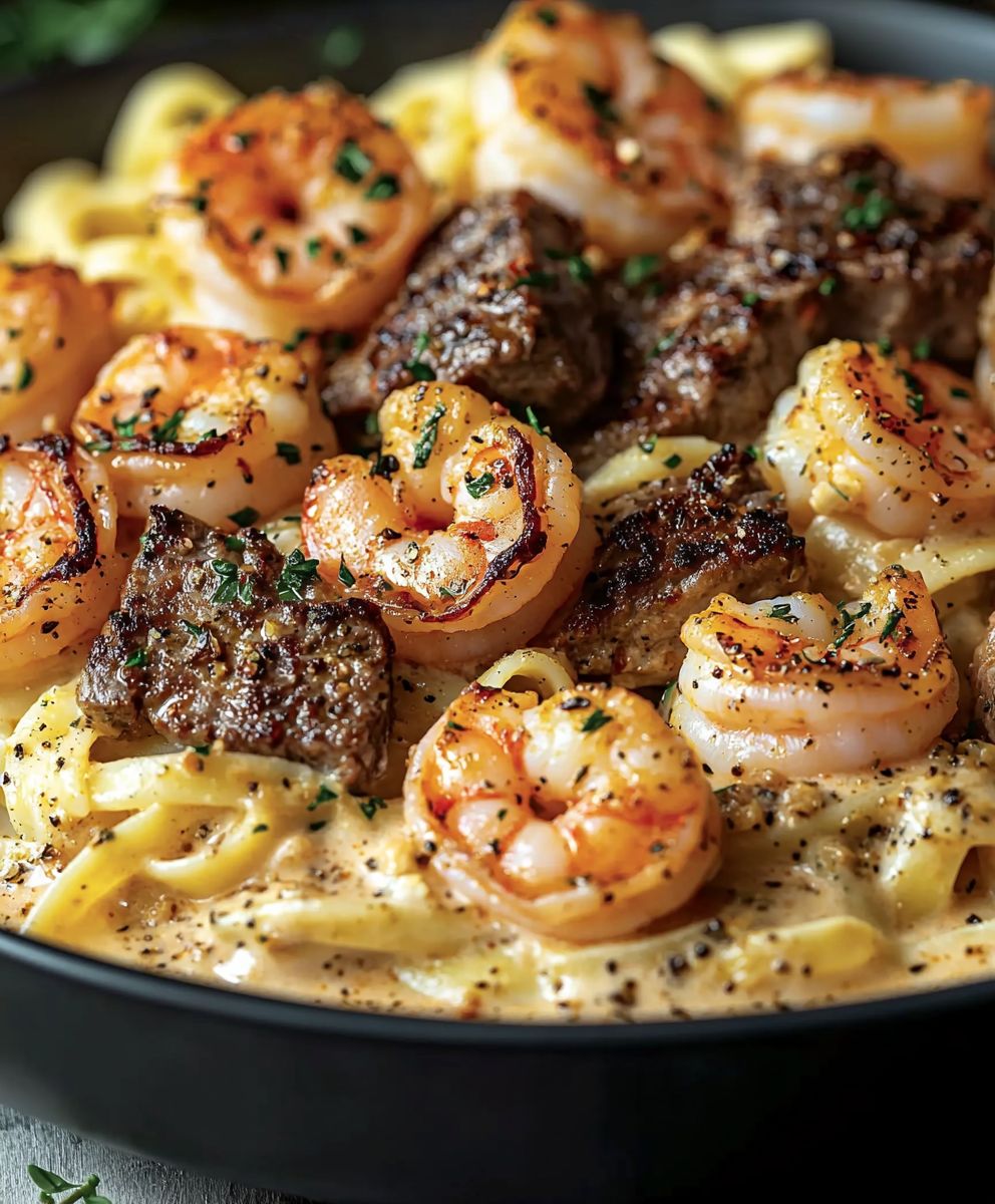Cajun Shrimp Steak Alfredo Pasta