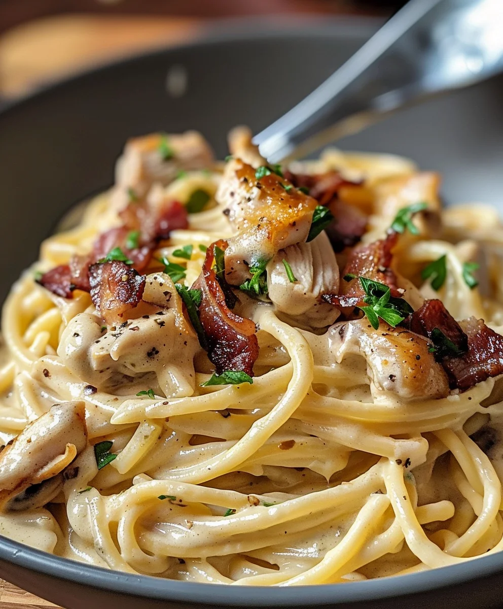 Best Creamy Carbonara with Crispy Chicken Beef Bacon