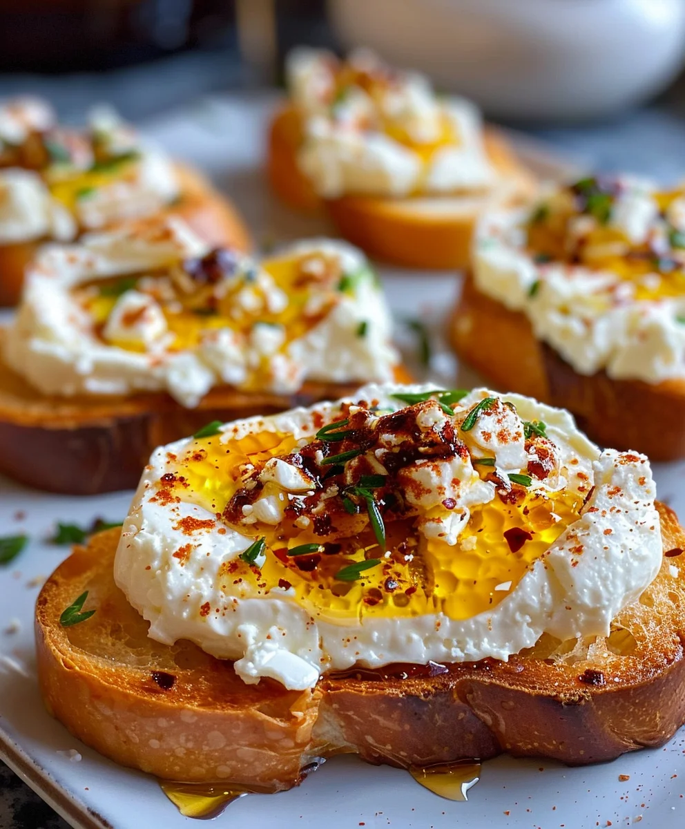Must-Try: Sweet & Spicy Whipped Feta Crostini with Hot Honey!