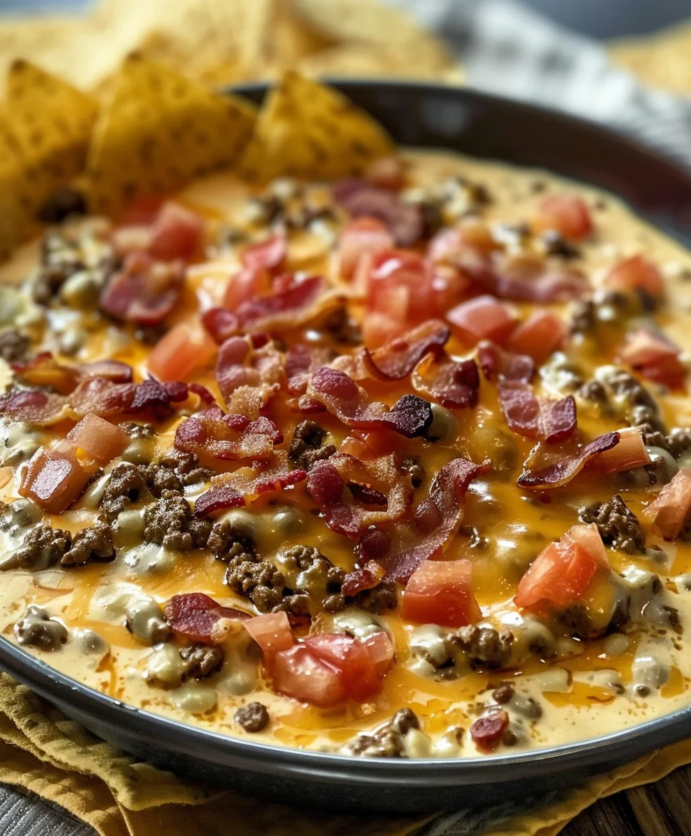 Sizzling Beef Bacon Cheeseburger Queso Dip