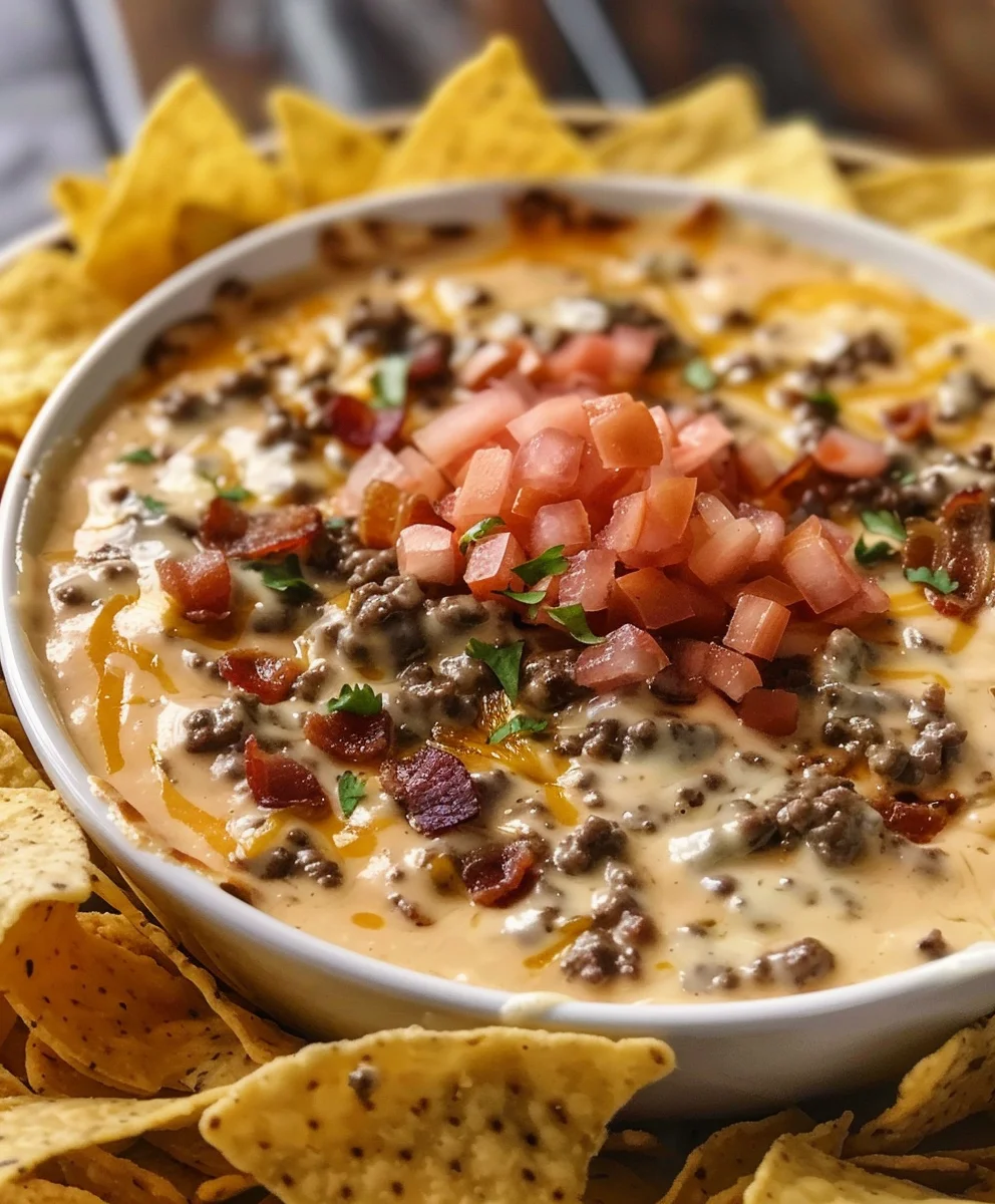 Sizzling Beef Bacon Cheeseburger Queso Dip – Party Ready!