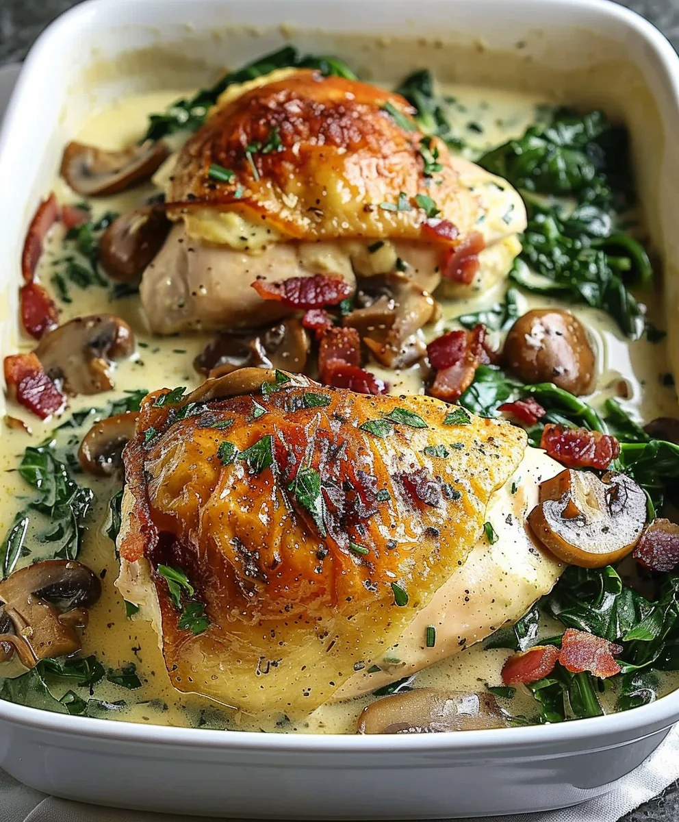 Smothered Chicken: Creamed Spinach, Beef Bacon & Mushrooms