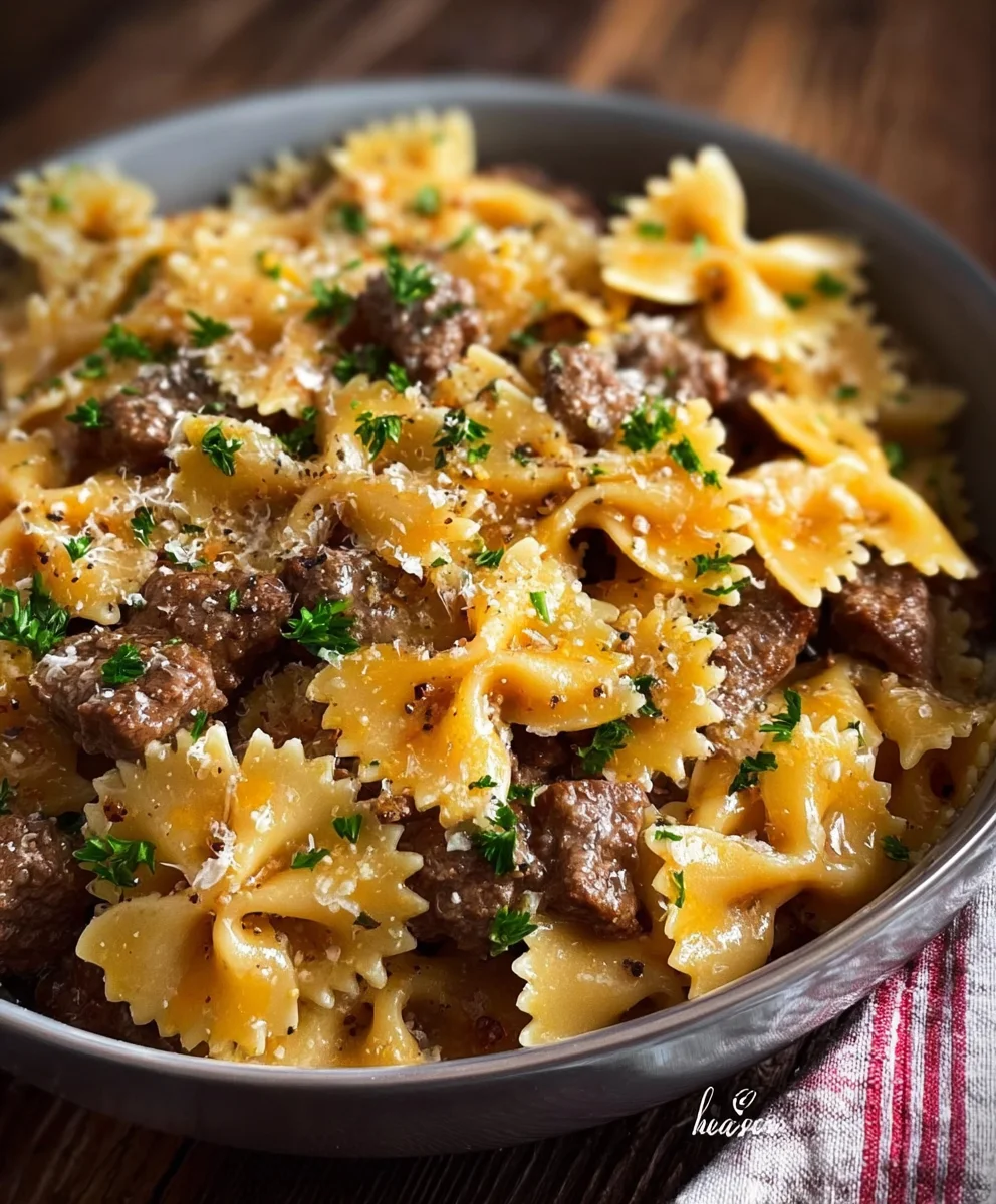Garlic Butter Beef Cheesy Bowtie Pasta