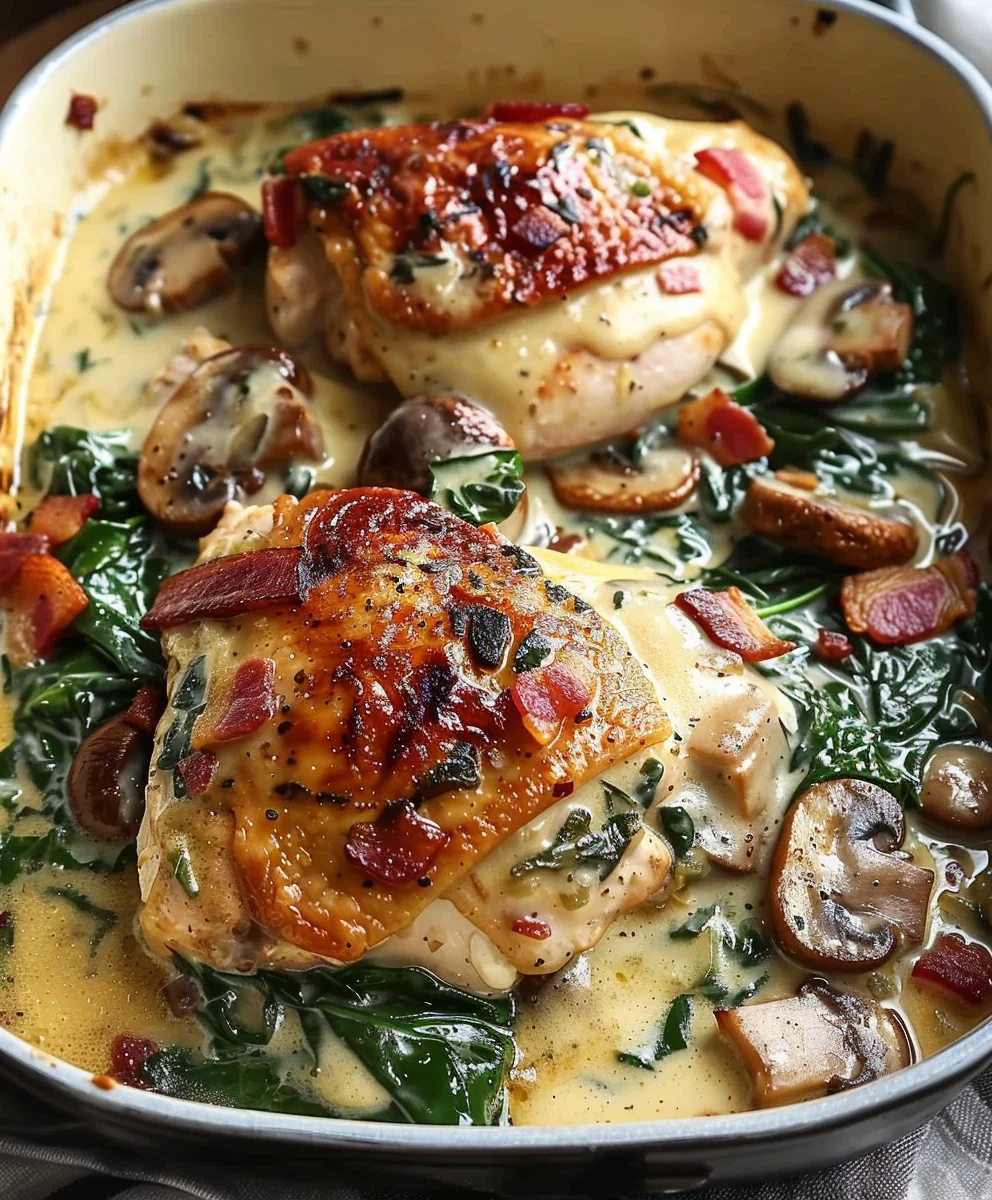 Smothered Chicken: Creamed Spinach, Beef Bacon & Mushrooms