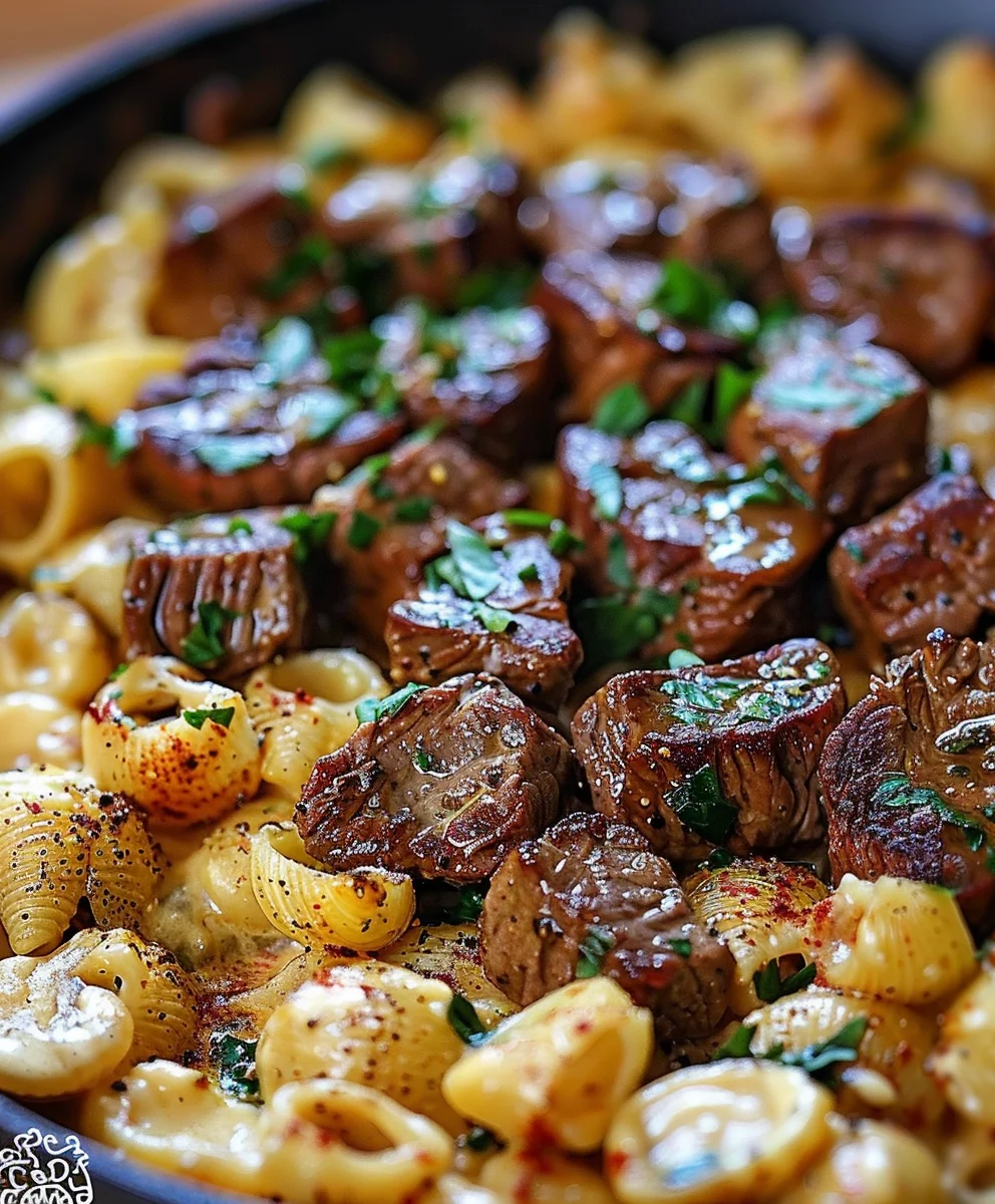 Cajun Steak Bites & Cheesy Garlic Shells Skillet