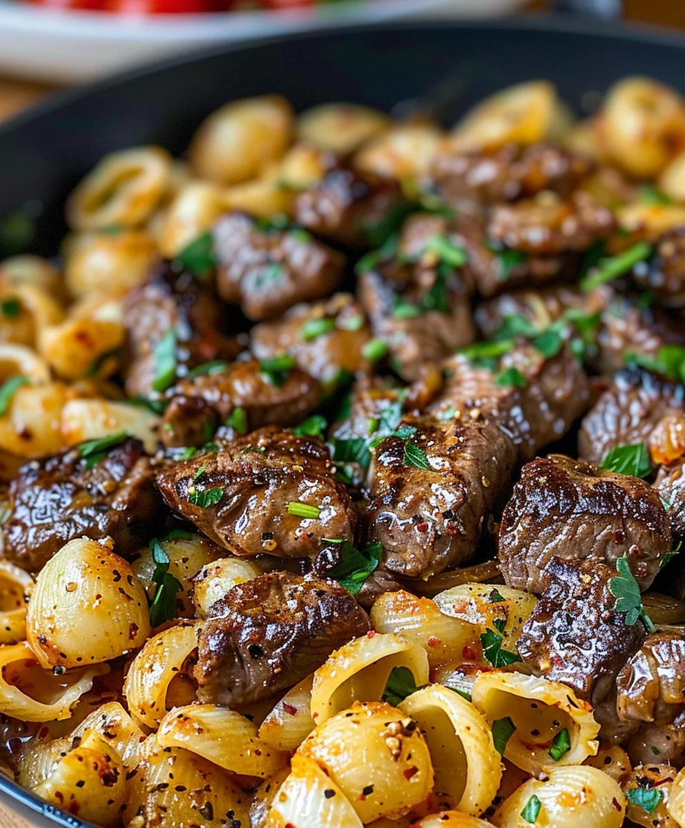 Easy Cajun Steak Bites & Cheesy Garlic Shells Skillet