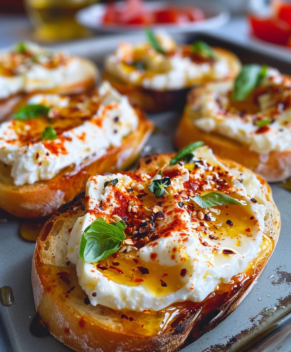 Sweet And Spicy Whipped Feta Crostini With Hot Honey
