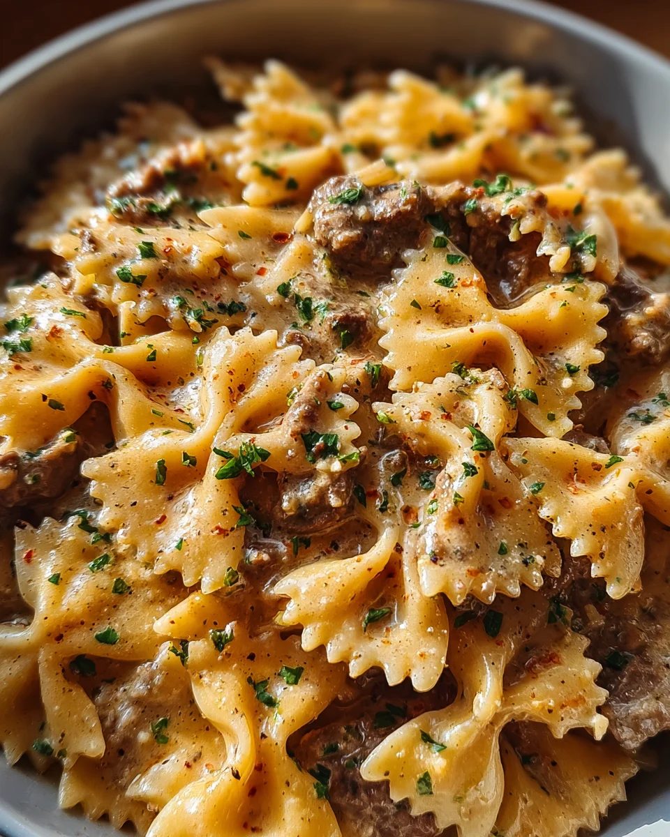 Delicious Creamy Parmesan Garlic Beef Bowtie Pasta