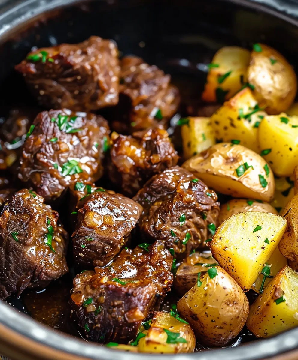 Savory Slow Cooker Garlic Butter Beef Bites w/Potatoes