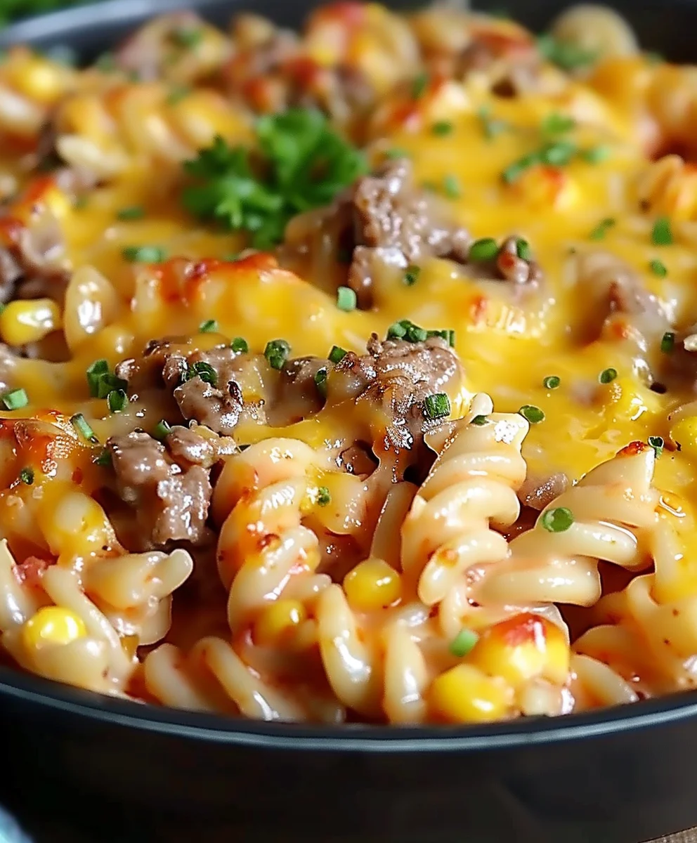 Ultimate Loaded Beef, Corn & Cheddar Ranch Rotini Bake