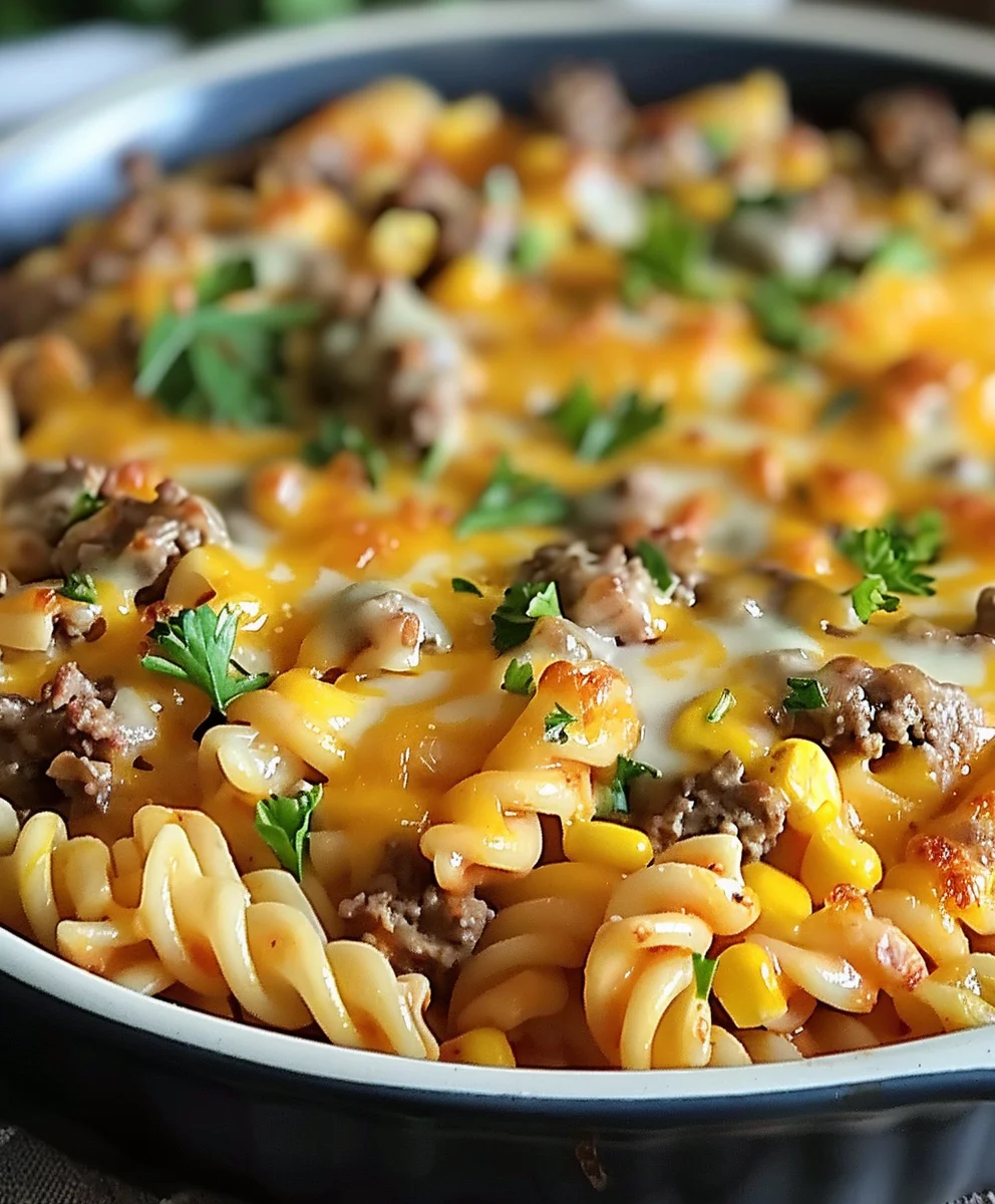 Ultimate Loaded Beef, Corn & Cheddar Ranch Rotini Bake