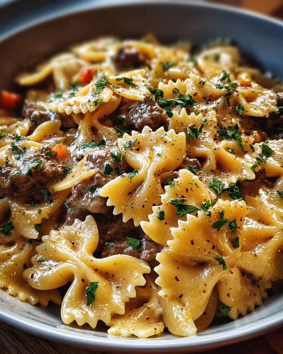 Delicious Creamy Parmesan Garlic Beef Bowtie Pasta