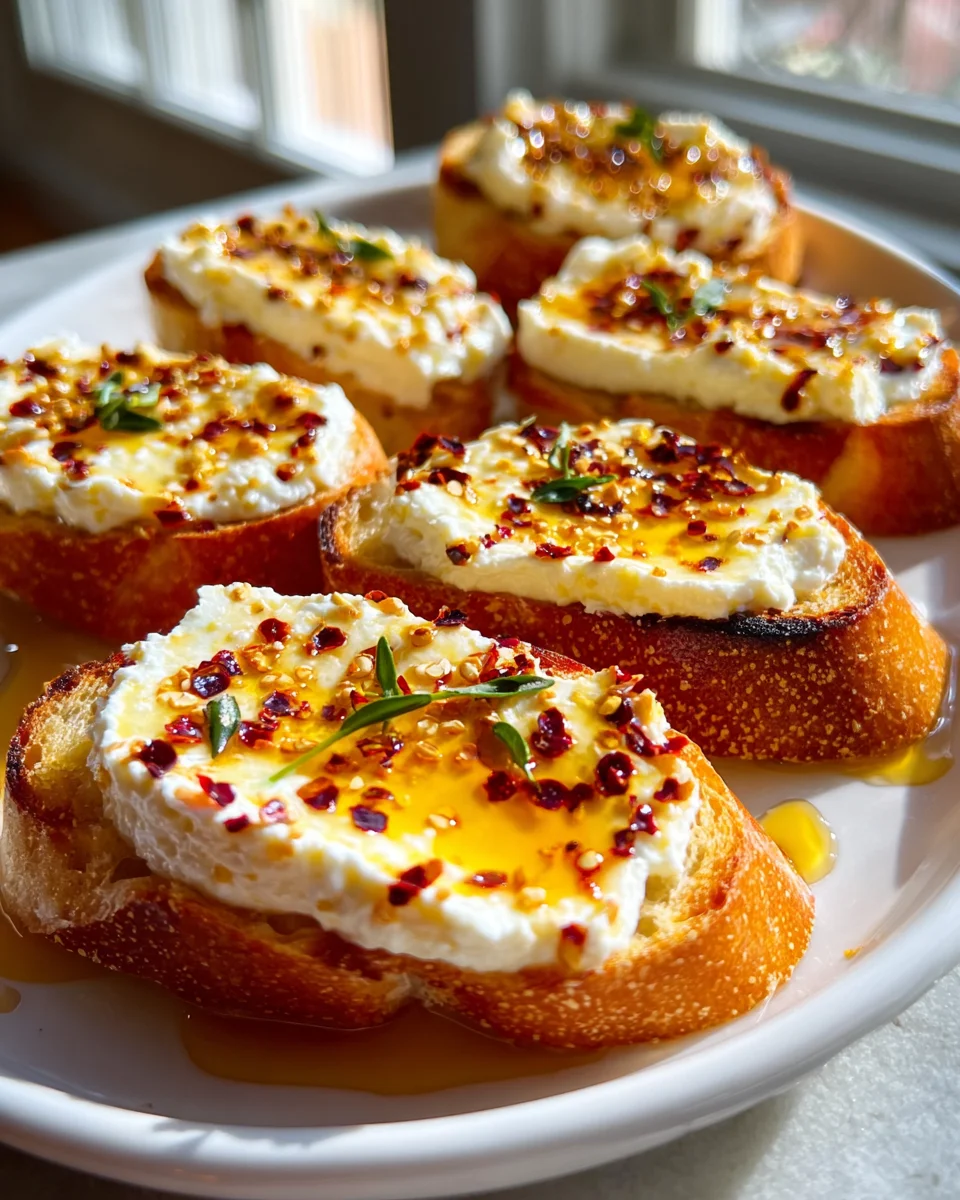 Sweet & Spicy Whipped Feta Crostini with Hot Honey
