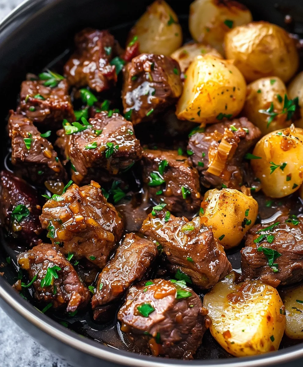Savory Slow Cooker Garlic Butter Beef Bites w/Potatoes