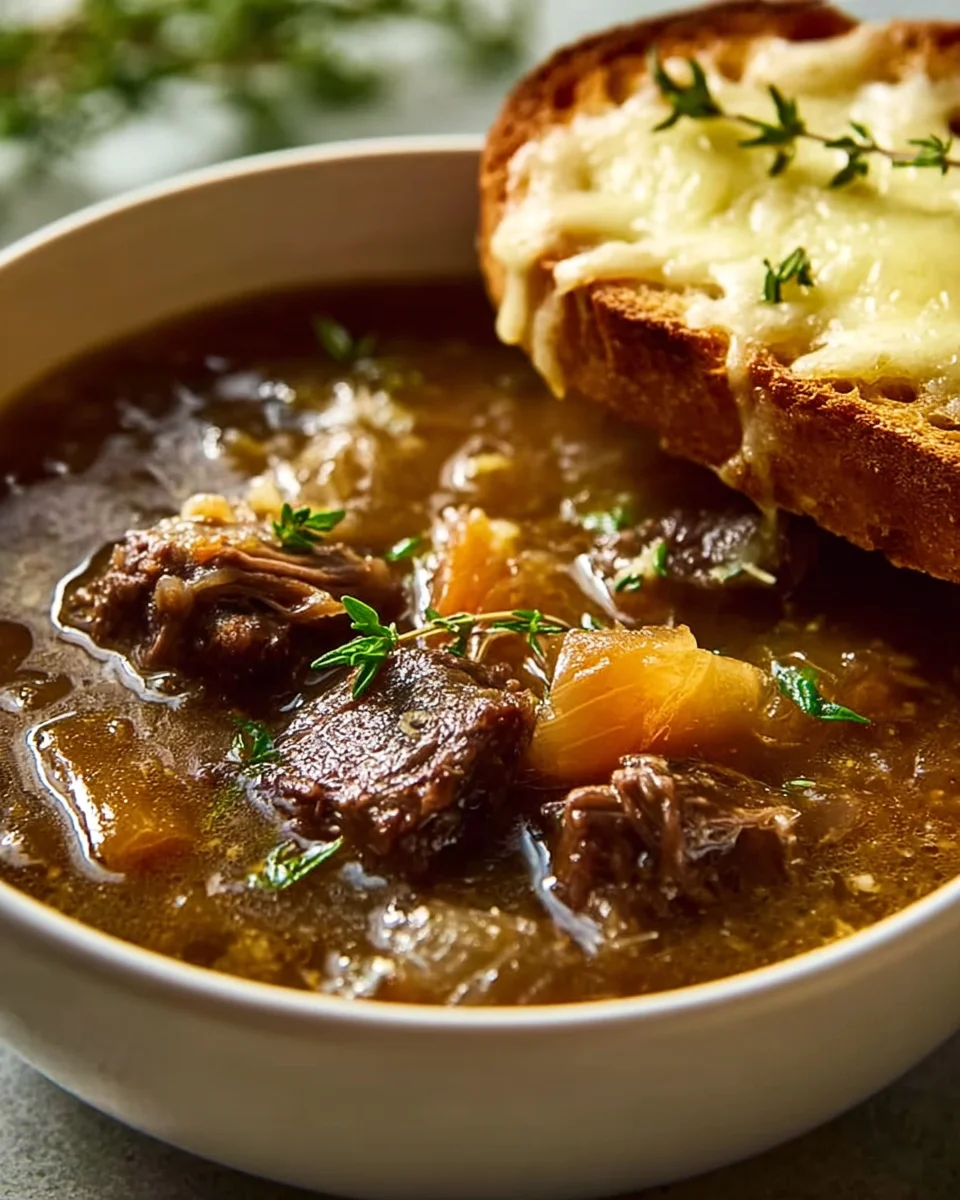 Hearty French Onion Short Rib Soup with Gruyere Toast