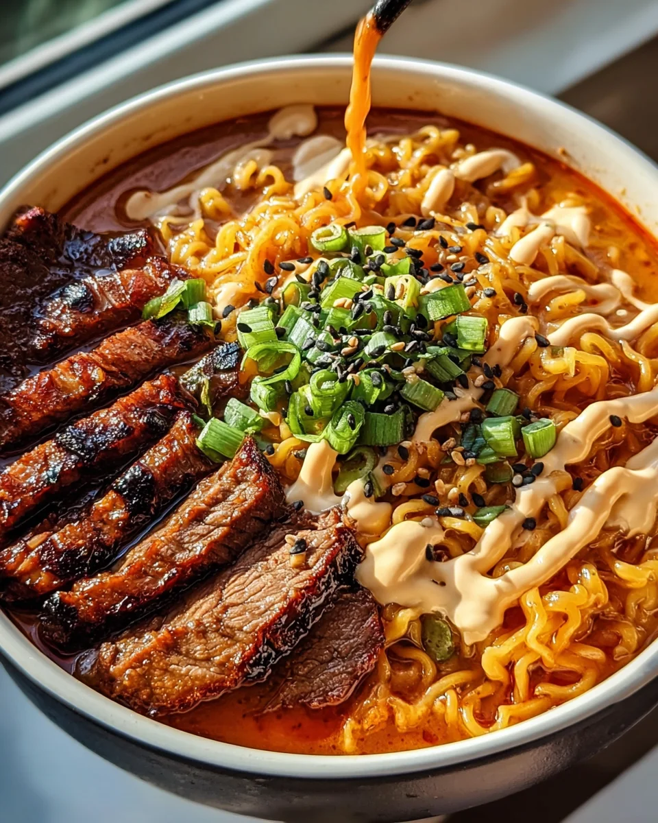 Spicy Korean Ramen with Grilled Beef & Creamy Sauce