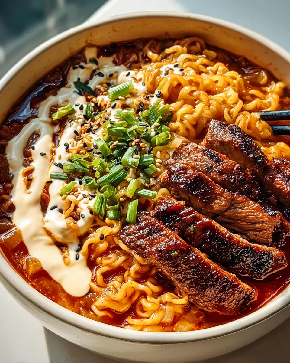 Spicy Korean Ramen with Grilled Beef & Creamy Sauce