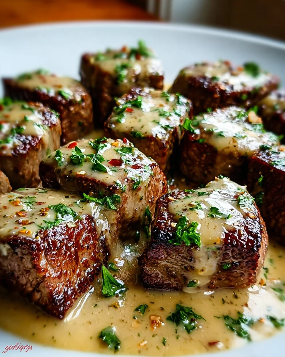 Tender Steak Bites in Garlic Butter with Creamy Parmesan Sauce