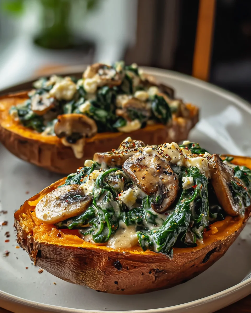Stuffed Sweet Potatoes with Beef, Mushrooms & Spinach Recipe