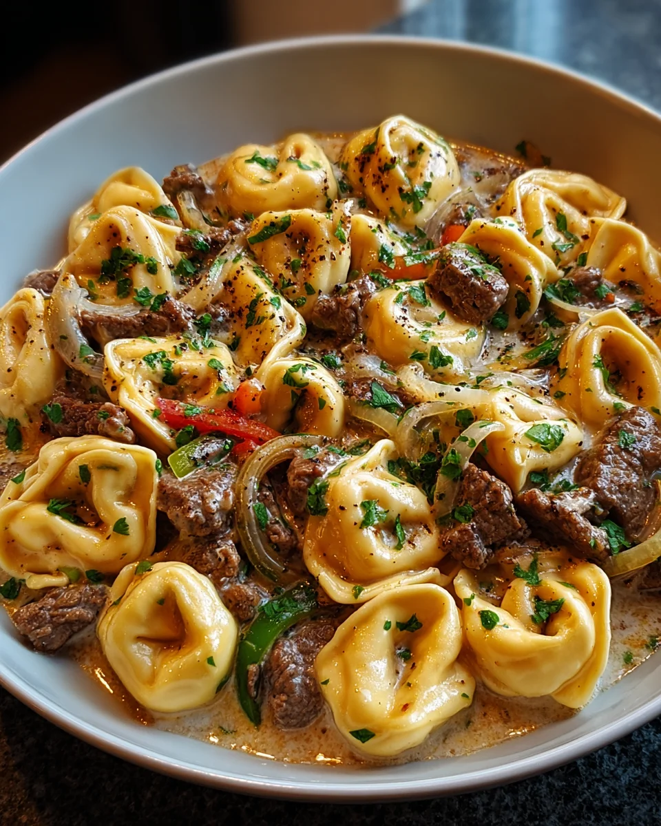 Cheesesteak Tortellini in Creamy Provolone Sauce Delight