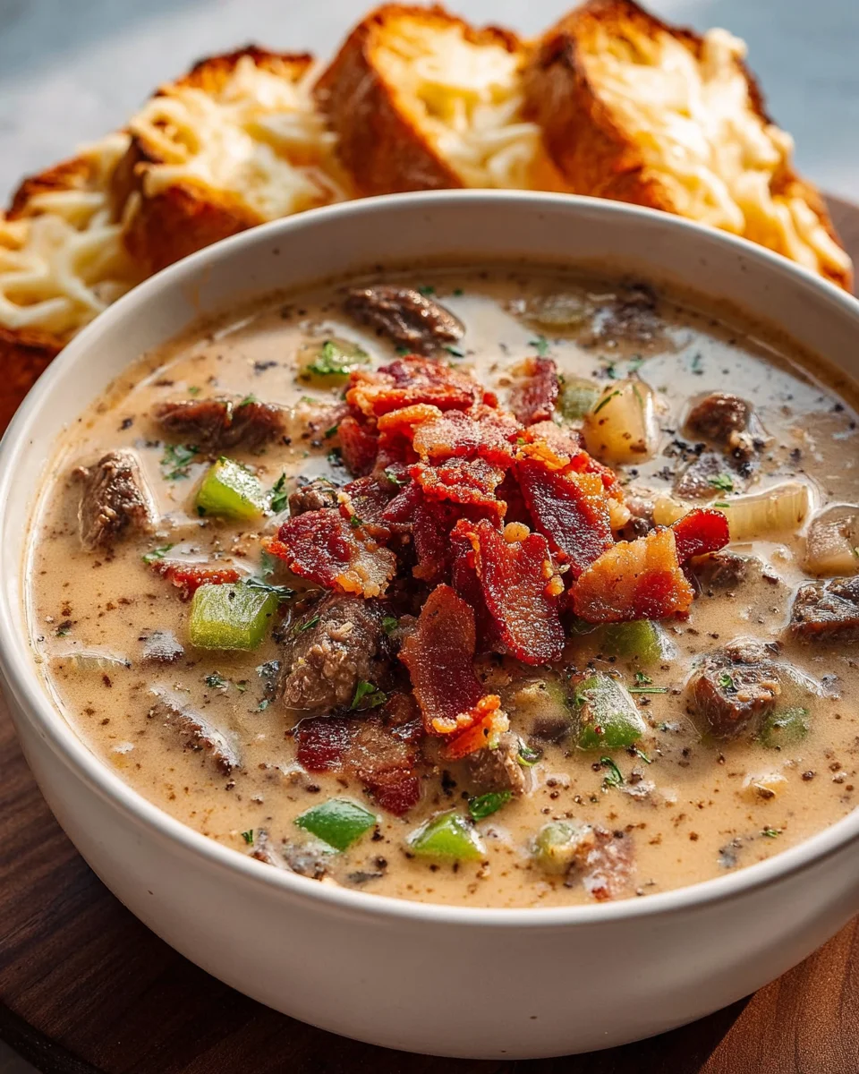 One Pot Philly Cheesesteak Soup with Beef Bacon & Toast