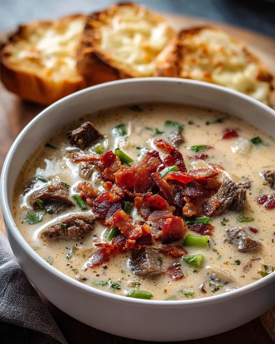 One Pot Philly Cheesesteak Soup with Beef Bacon & Toast