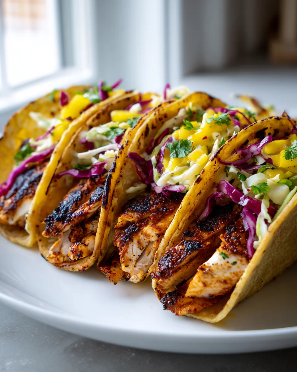 Spicy Blackened Cajun Chicken Tacos & Zesty Mango Slaw
