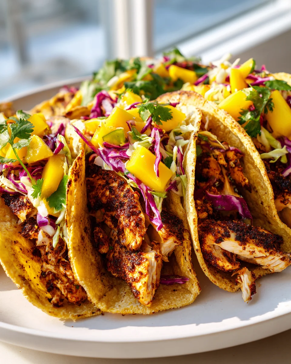 Spicy Blackened Cajun Chicken Tacos & Zesty Mango Slaw