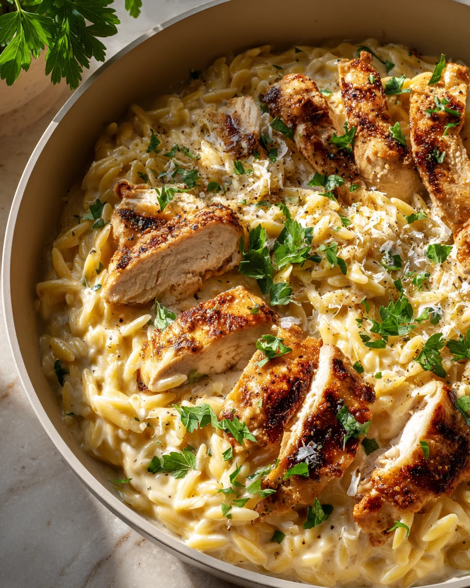 Best One-Pot Creamy Chicken Alfredo Orzo Skillet