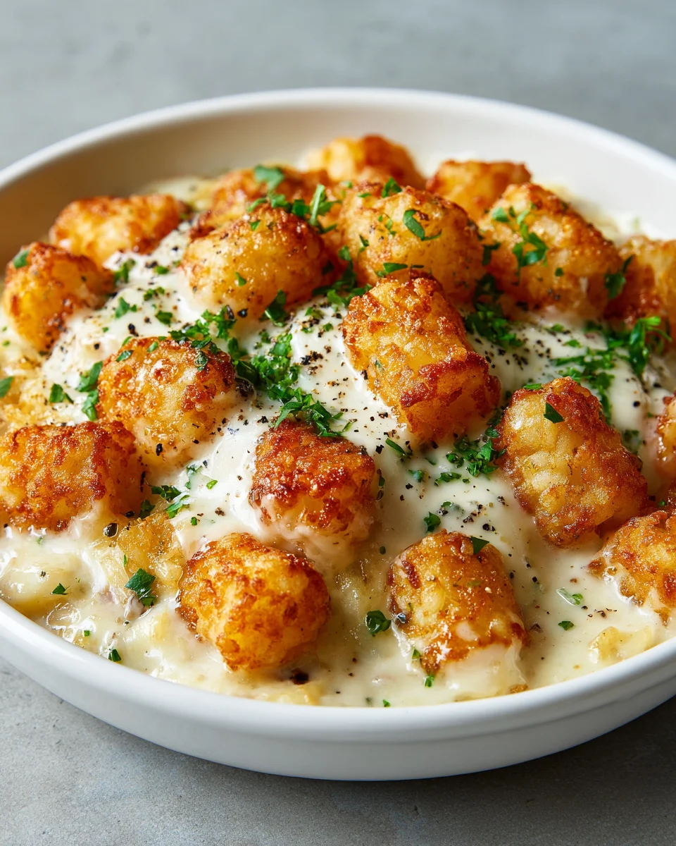 Hearty & Cheesy Chicken Alfredo Tater Tot Gratin
