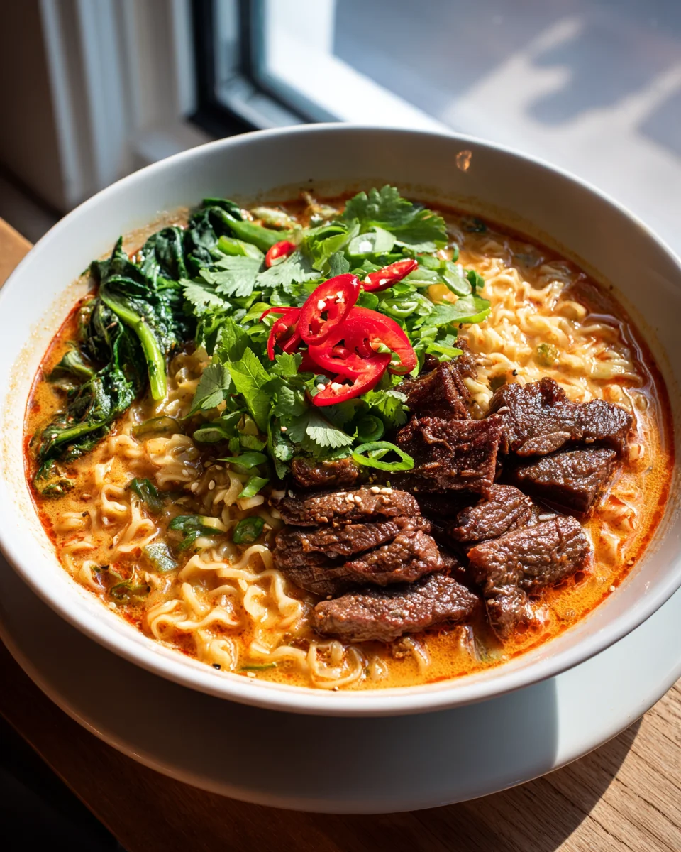 Grilled Beef Korean Ramen: Spicy & Creamy Noodle Delight