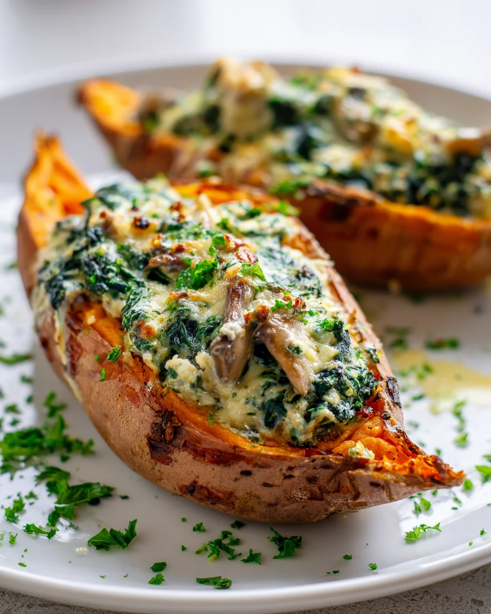 Delicious Creamy Mushroom & Spinach Stuffed Sweet Potatoes
