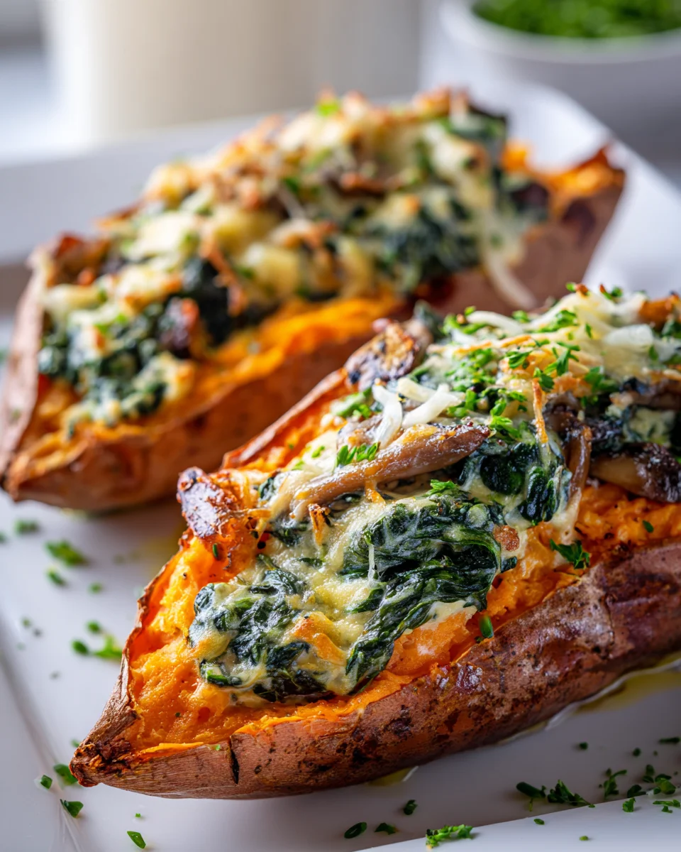 Delicious Creamy Mushroom & Spinach Stuffed Sweet Potatoes