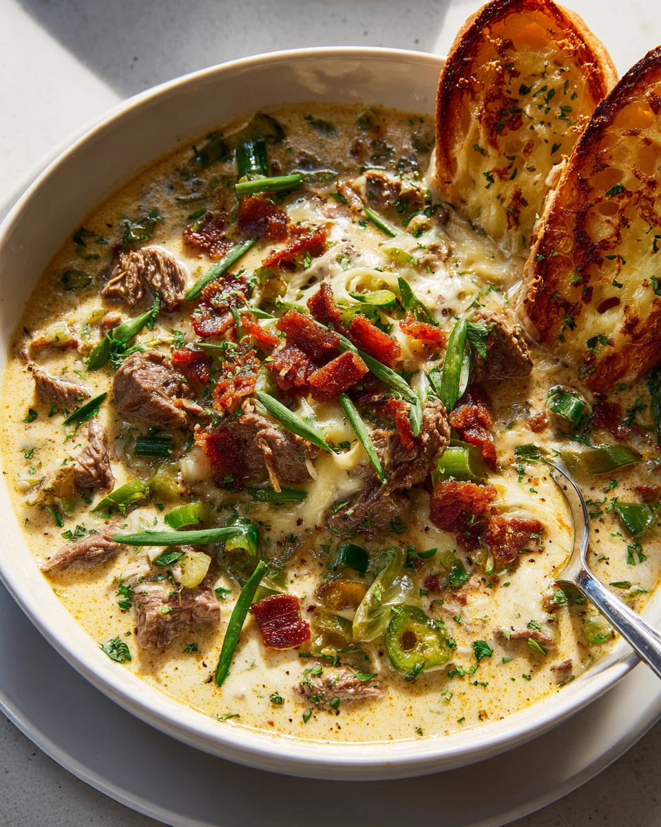 Ultimate One Pot Philly Cheesesteak Soup & Cheesy Toast