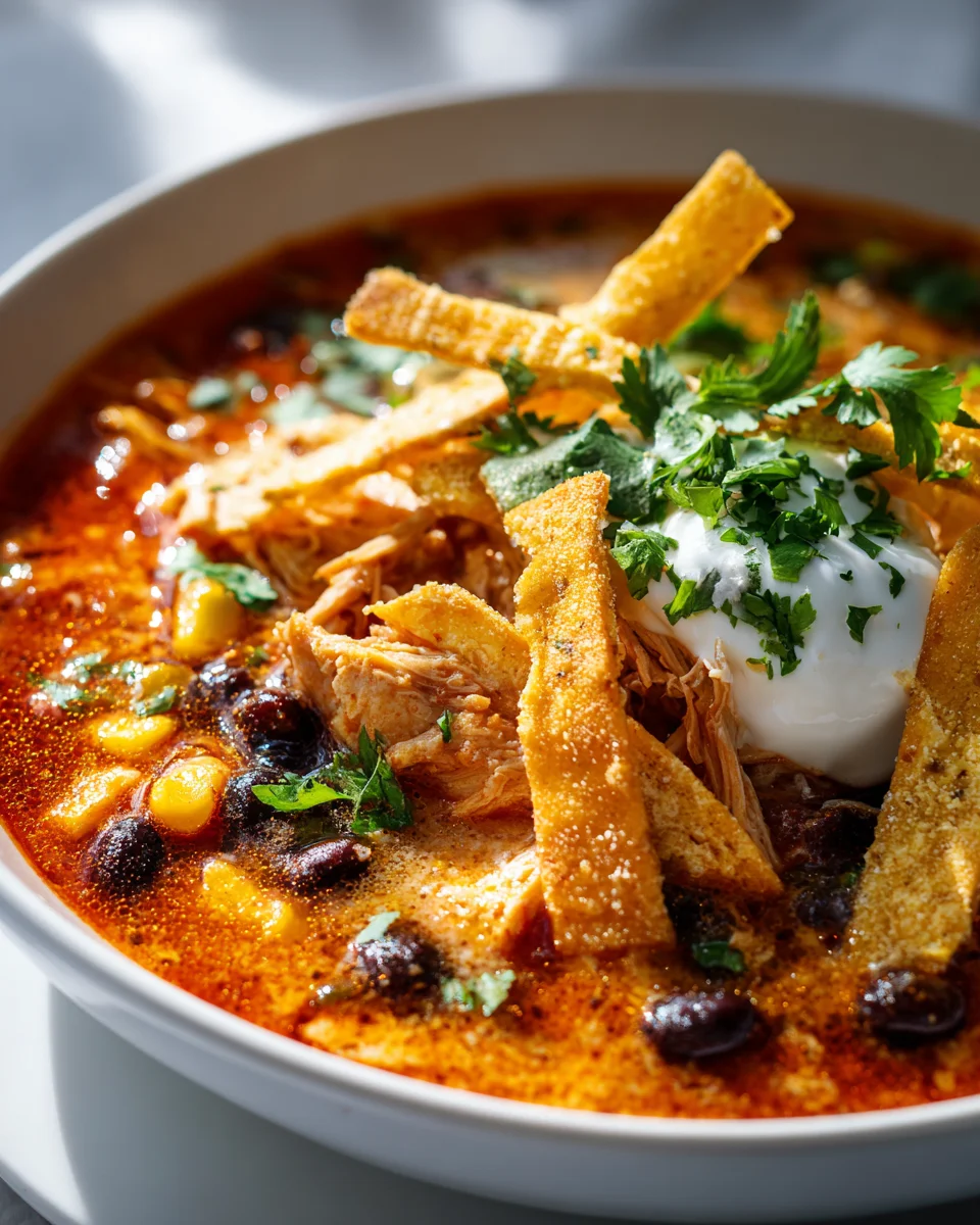Slow Cooker Beef Enchilada Soup w/ Crispy Tortilla Strips