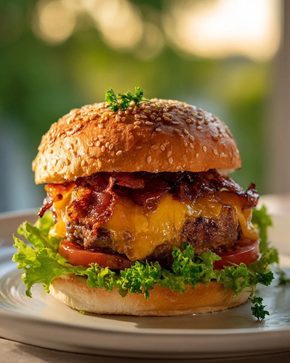 Ultimate Beef Bacon Cheeseburgers & Caramelized Onions
