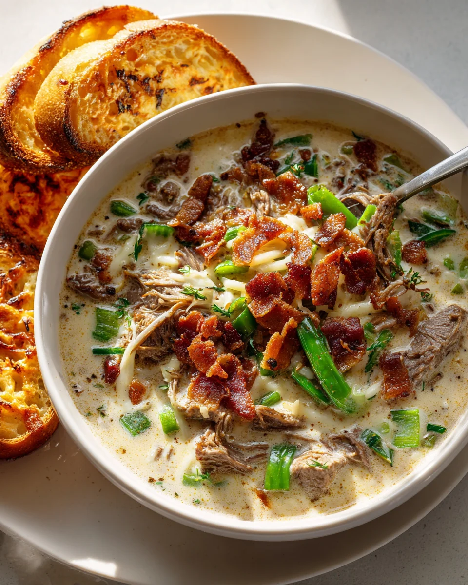 Ultimate One Pot Philly Cheesesteak Soup & Cheesy Toast