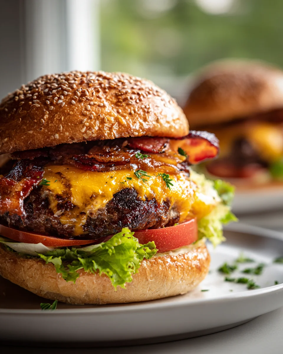 Ultimate Beef Bacon Cheeseburgers & Caramelized Onions