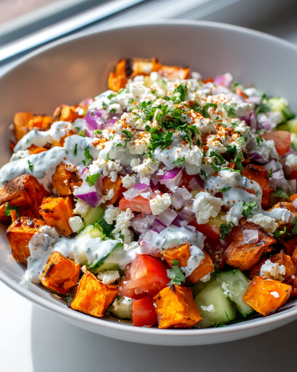 Mediterranean Sweet Potato Taco Bowl with Feta & Tzatziki