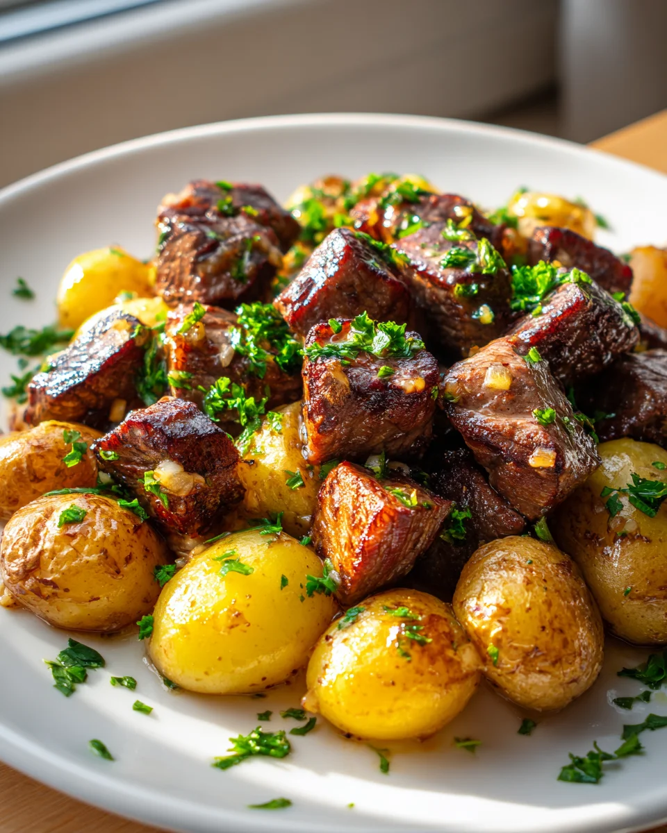 Juicy Garlic Steak Bites & Crispy Potatoes Recipe
