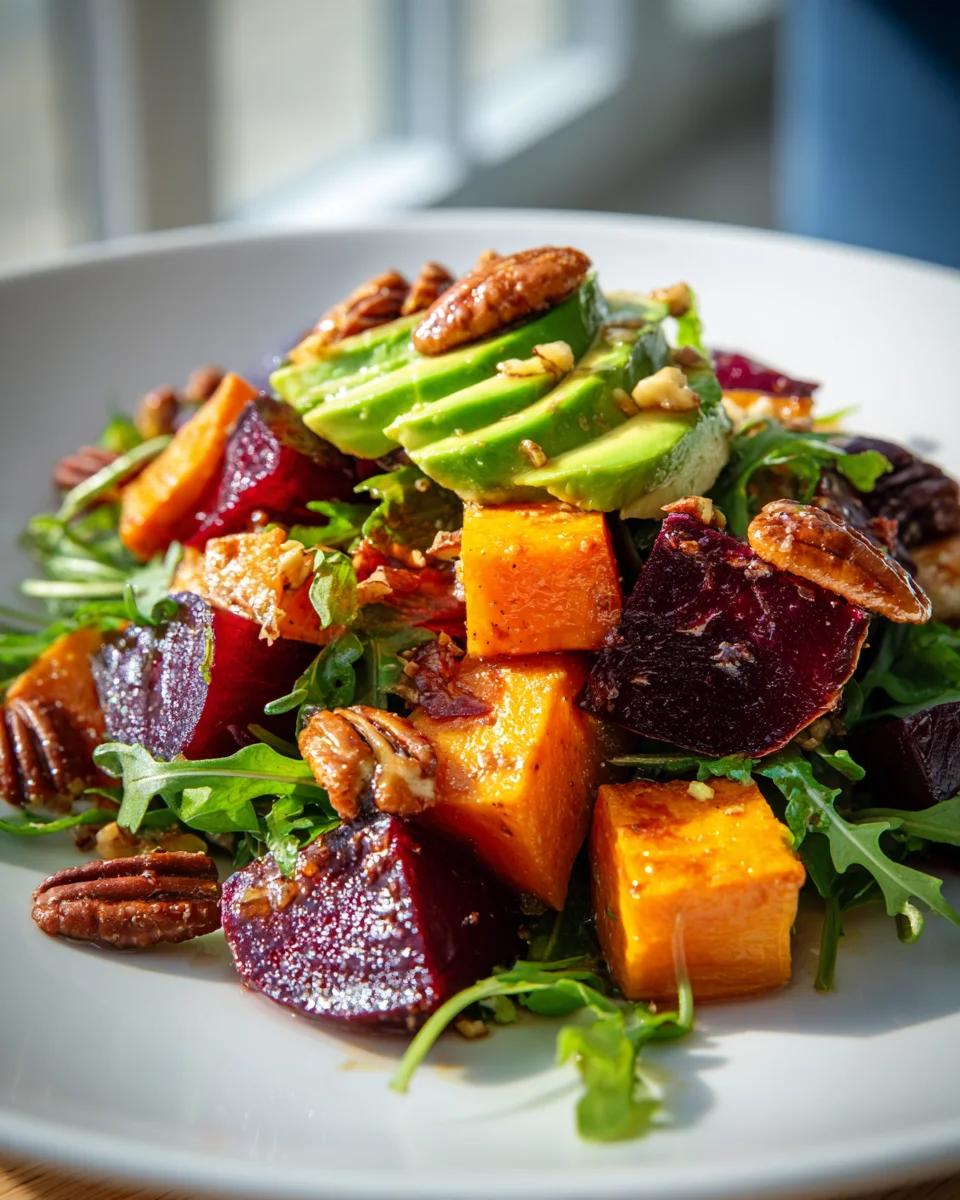 Roasted Beet, Sweet Potato, Avocado Salad & Candied Pecans