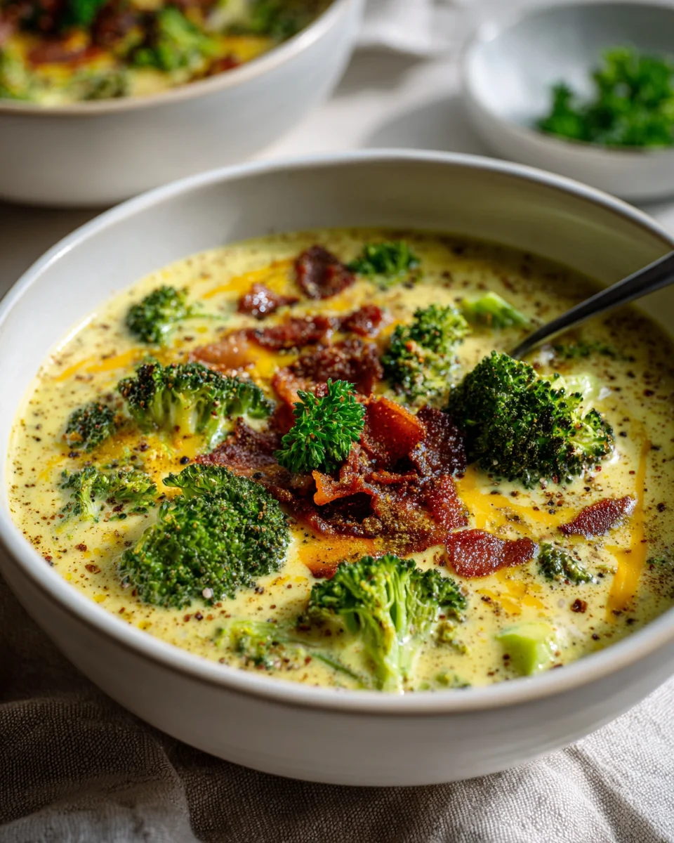 Savory Broccoli Cheddar Soup with Beef Bacon Crumbles Recipe