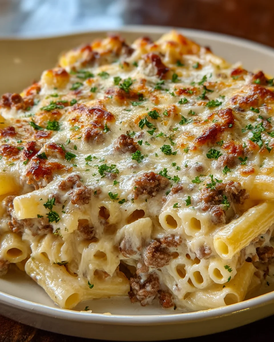 Creamy Beef Alfredo Ziti Casserole - Easy Dinner Recipe
