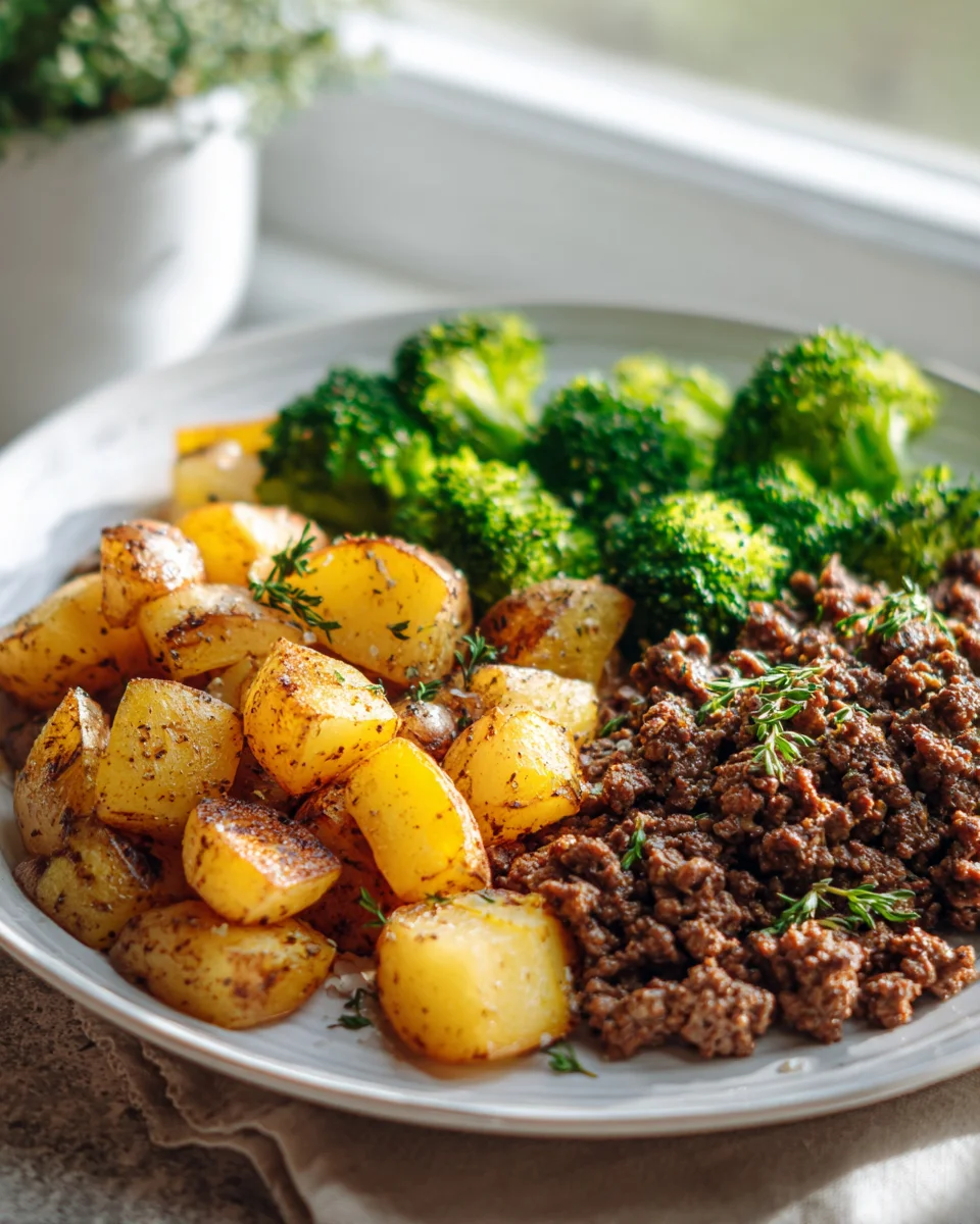 Savory Ground Beef, Herb Roasted Potatoes & Broccoli Dinner