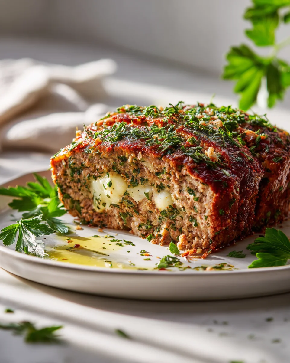 Garlic Herb Chicken Meatloaf with Melting Mozzarella Delight