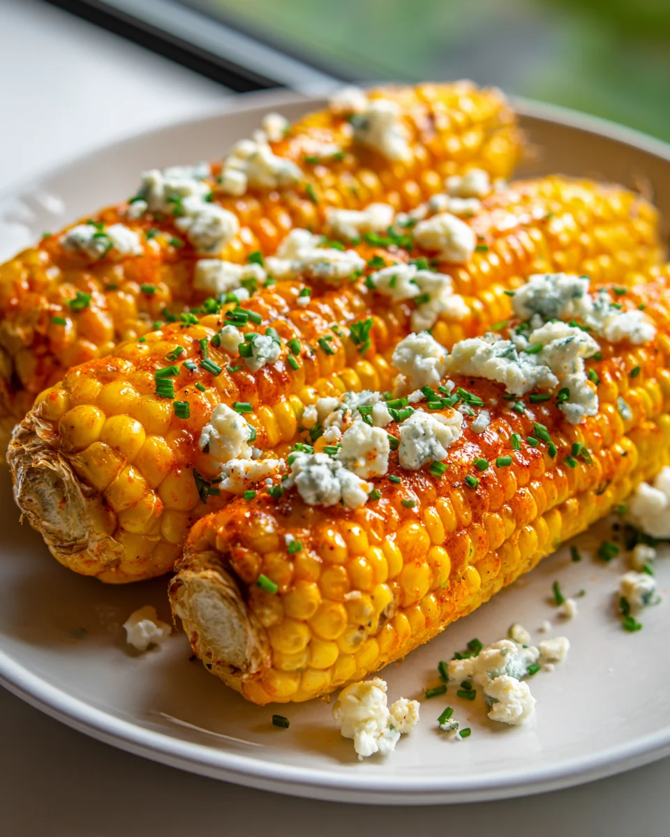 Buffalo Style Grilled Corn on the Cob with Blue Cheese Crumbles