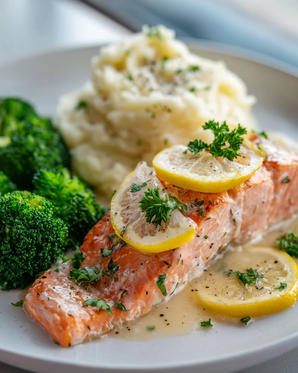 Creamy Lemon Salmon with Mashed Potatoes & Broccoli Delight