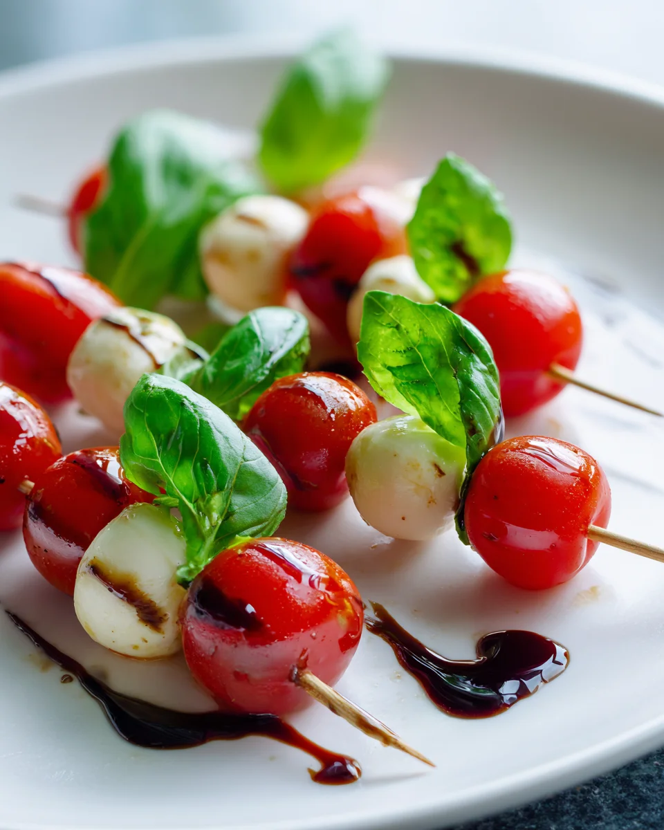Delicious Caprese Skewers with Cherry Tomatoes & Basil Drizzle