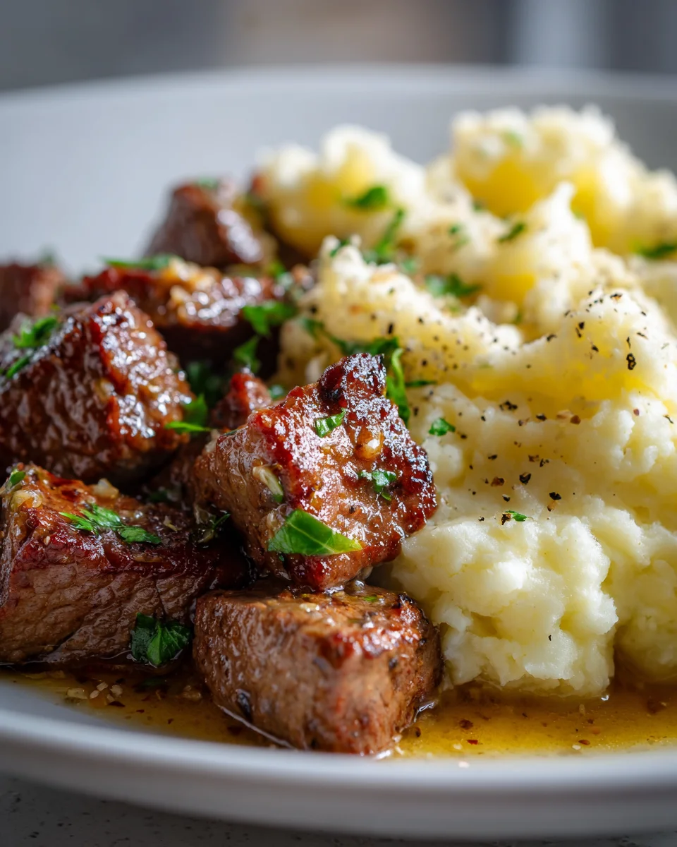Garlic Butter Beef Bites with Creamy Mashed Potatoes Recipe