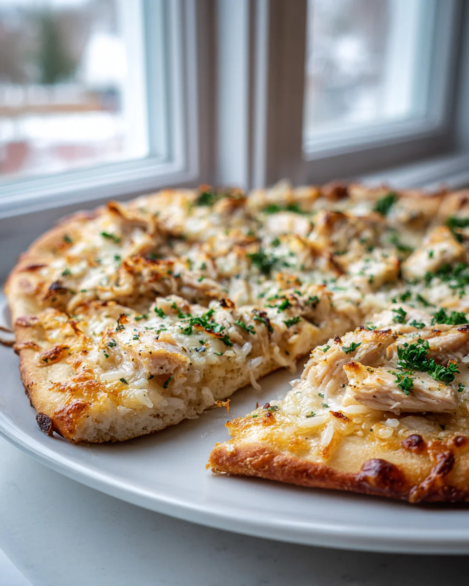 Creamy Chicken and Rice Flatbread Pizza with Mozzarella Delight